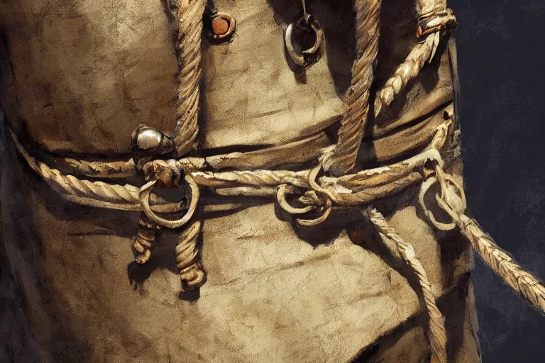 Prompt: close-up of a medieval bag wrapped with ropes, white background, concept art in style of Greg Rutkowski, painted by Frank Frazetta, trending on artstation