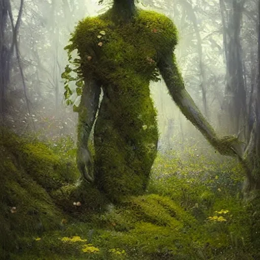 Image similar to a beautiful humanoid creature made out of moss and flowers. ethereal fantasy art by greg rutkowski