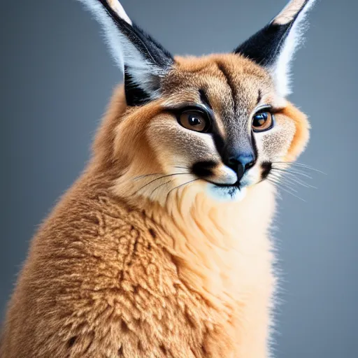 Image similar to a photo of cute fluffy caracal wearing white jumpsuit, close up portrait, studio photography, 8 k