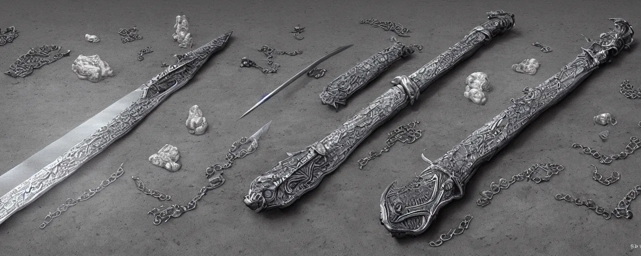 Image similar to basic steel sword, steel, sword, crystals, engravings, forged, blacksmith product design, jewelry, art by gerald brom, greg rutkowski and artgerm and james jean and zdzisław beksinski, 8 k, unreal engine, c 4 d