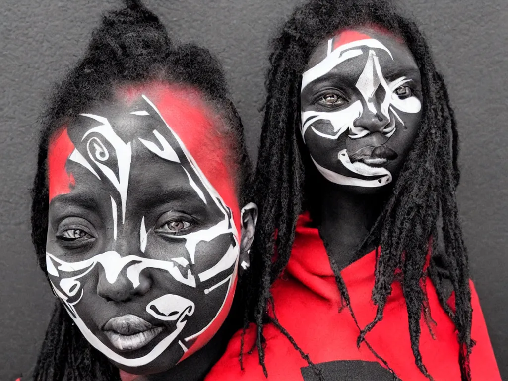 Image similar to wakanda forever, red black and white, ultraviolent, face tattoo