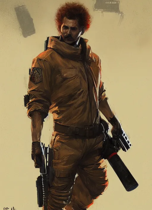 Image similar to Ronald McDonald in Tactical Gear with a baseball bat, blade runner 2049 concept painting. Epic painting by Craig Mullins and Alphonso Mucha. ArtstationHQ. painting with Vivid color