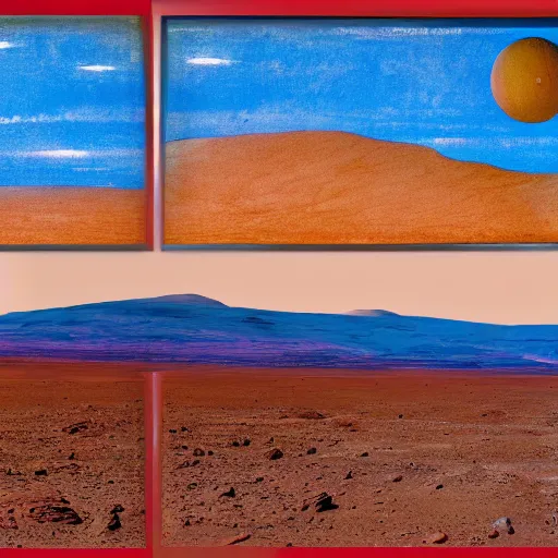 Image similar to mars landscape, surreal, in the form of a triptych, astronaut standing in the middle waving the samoa flag