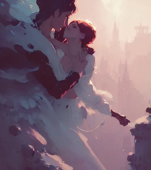 Image similar to fantasy romance book cover by atey ghailan, by greg rutkowski, by greg tocchini, by james gilleard, by joe fenton, by kaethe butcher, dynamic lighting, gradient light blue, brown, blonde cream and white color scheme, grunge aesthetic