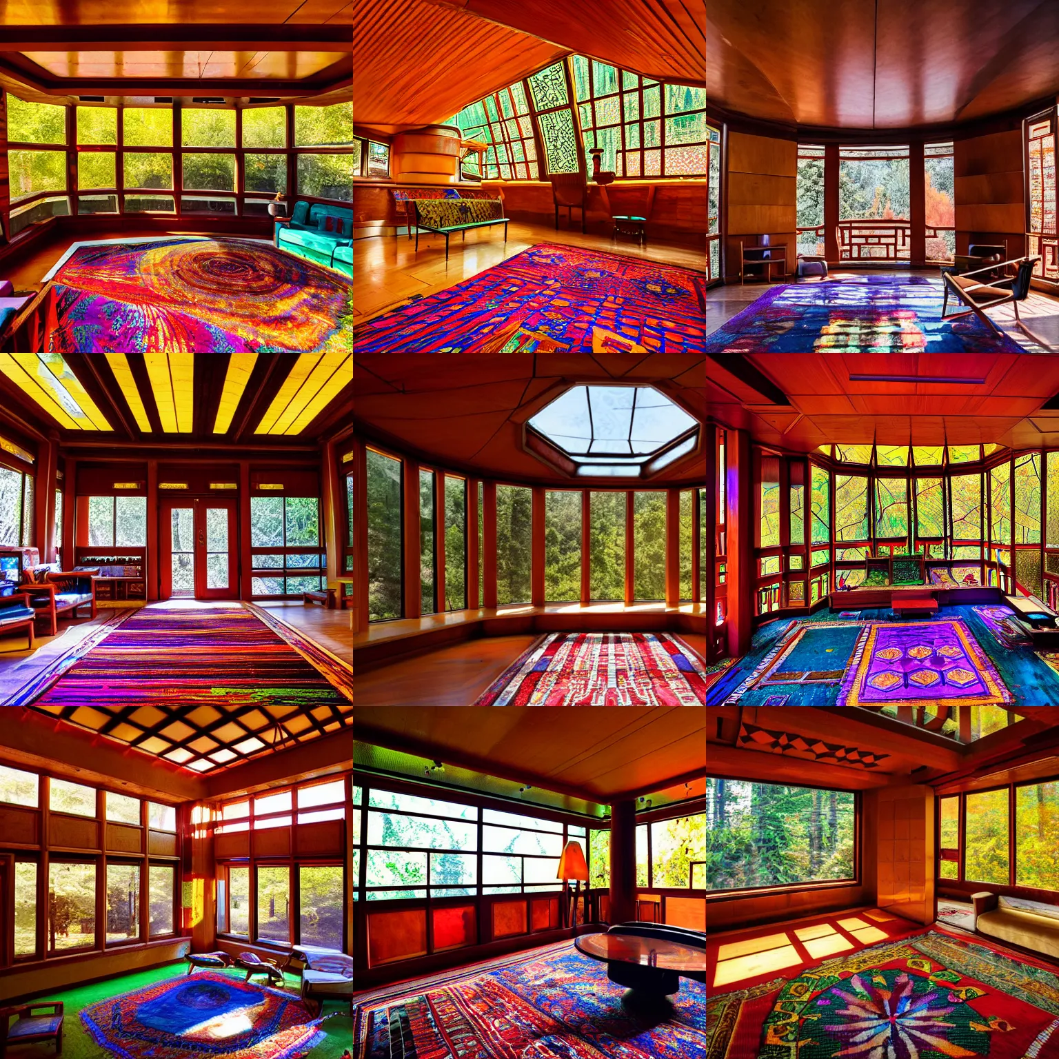 Prompt: interior of a psychedelic solarpunk Frank Lloyd Wright house with a stained glass roof and persian rugs in the redwoods on a sunny day, award winning hd 8k photo