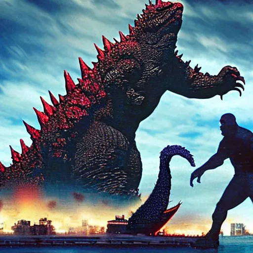 Prompt: godzilla's attack being blocked by shaq