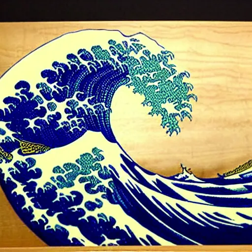 Image similar to donald tusk on Japanese wood painting big wave style ultra details art