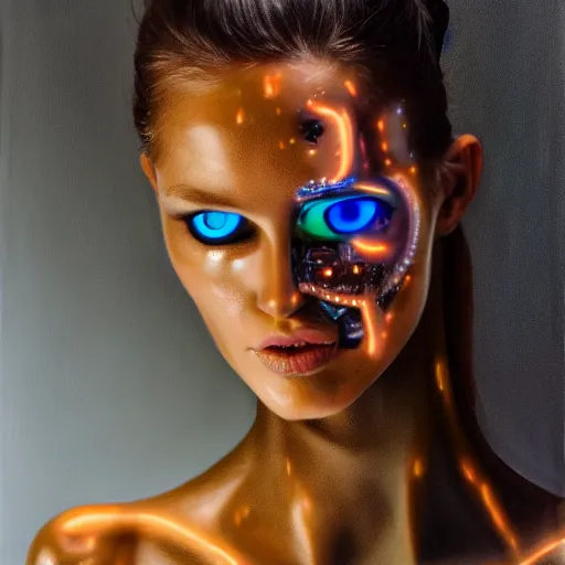 Image similar to hyperrealism oil painting portrait of robot cyborg fashion model with glowing eyes