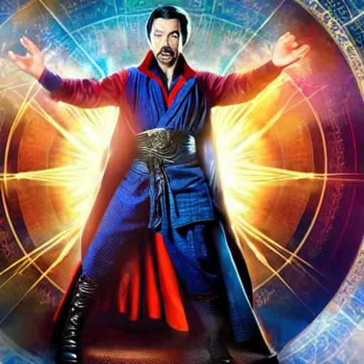 Image similar to dr. strange casting a shield spell in the metaverse with a shiba inu at his feet, hyper realistic, highly detailed, perfect face, smooth, focus, movie still, cinematic