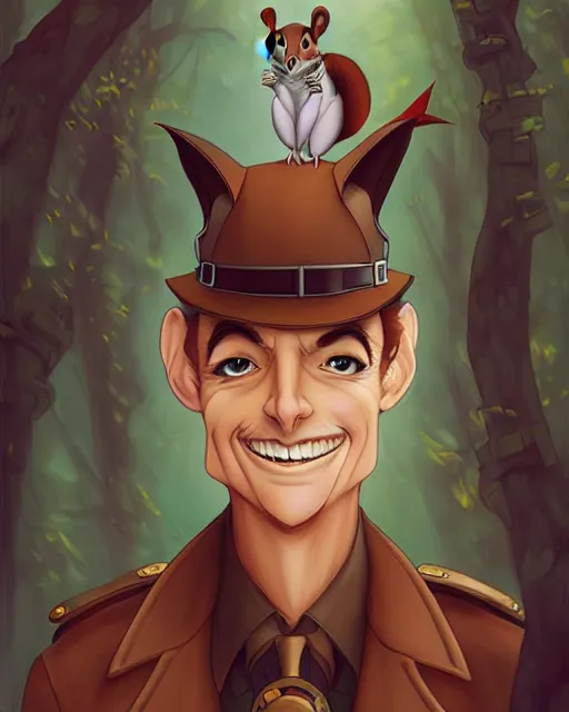 Image similar to don bluth, loish, artgerm, joshua middleton, steampunk, clockpunk anthropomorphic squirrel, full policeman outfit, smiling, symmetrical eyes symmetrical face, colorful animation forest background