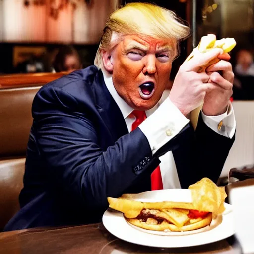 Prompt: donald trump stting at a restaurant table eating a cheeseburger with his mouth wide open, paparazzi photo