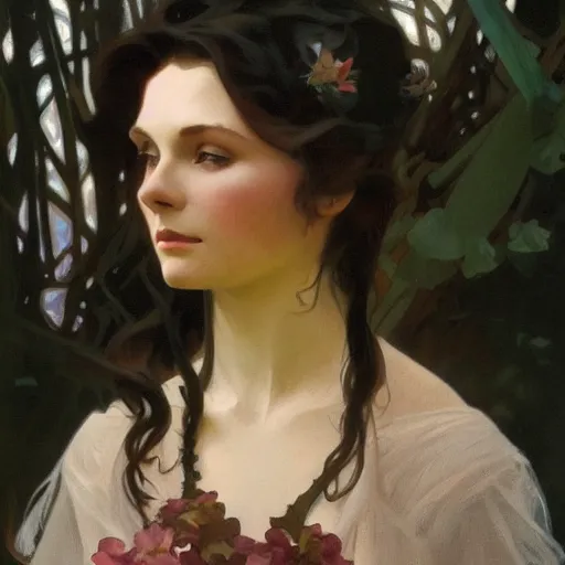 Prompt: a beautiful closeup portrait of a young vivian leigh, forest background, serene colors, dramatic light, gorgeous view, depth, high detail, digital art, painted by alphonse mucha and greg rutkowski, trending on artstation