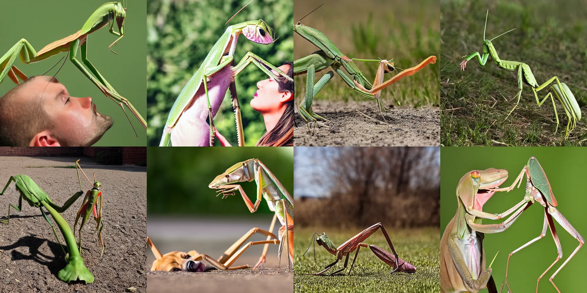 Prompt: six foot tall praying mantis biting a puppy