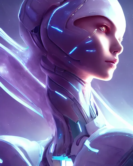 Image similar to perfect android girl on a mothership, warframe armor, beautiful face, scifi, futuristic, galaxy, nebula, raytracing, dreamy, long white hair, blue cyborg eyes, sharp focus, cinematic lighting, highly detailed, artstation, divine, by gauthier leblanc, kazuya takahashi, huifeng huang