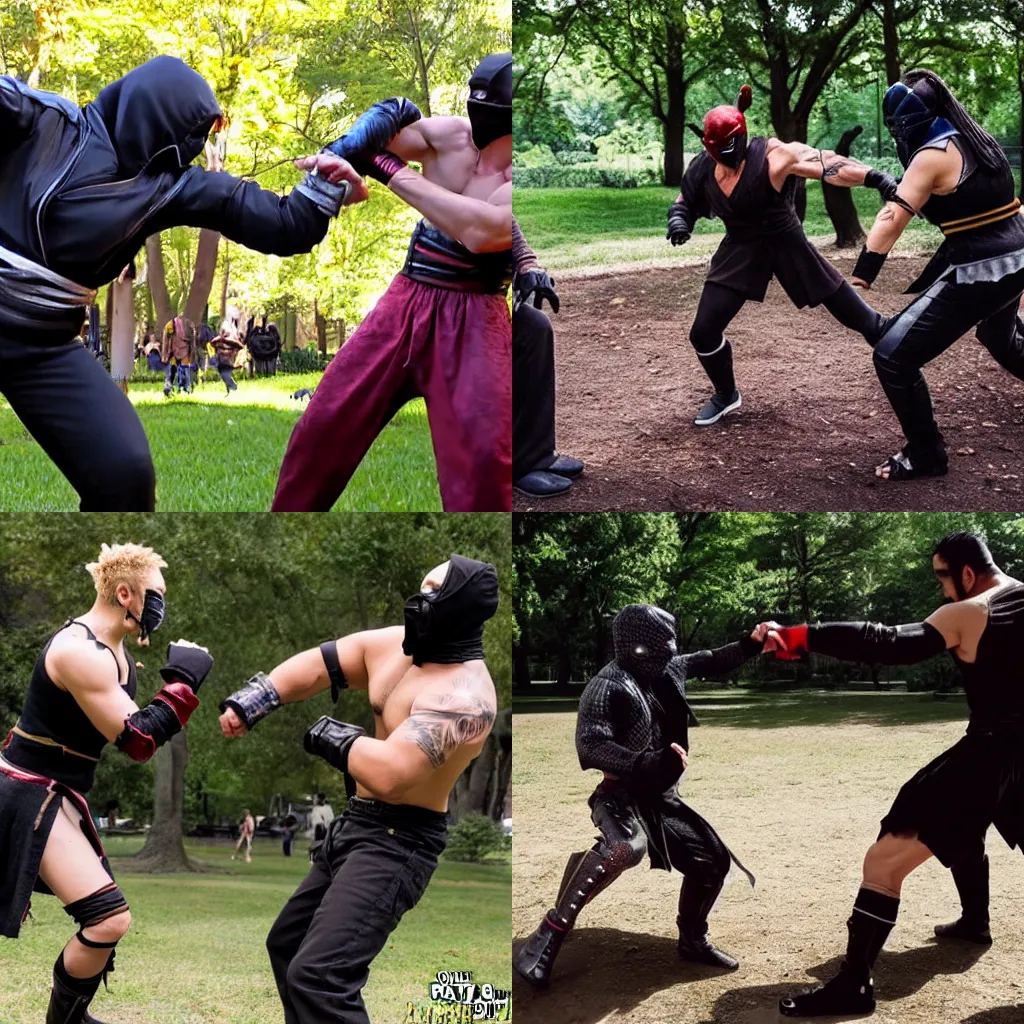 Prompt: 2 random strangers in the park, are recreating a fight match in the game Mortal Kombat in real life. Highly Detailed.