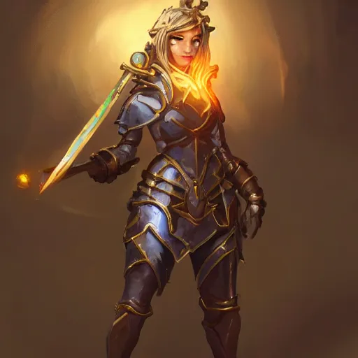 Prompt: a woman in armor holding a sword and floating magic golden gem, concept art by senior character artist, polycount contest winner, vanitas, artstation hd, concept art, 2d game art