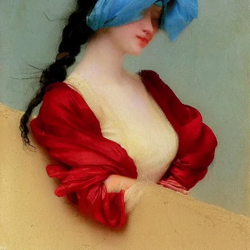 Prompt: a young woman’s face, her hair is white, her face is partially covered with a flowing blue satin blindfold, she is wrapped in windblown flowing red silk, by ivan aivazovsky and alma tadema and and willen claesz heda and aelbert cuyp and gerard ter borch