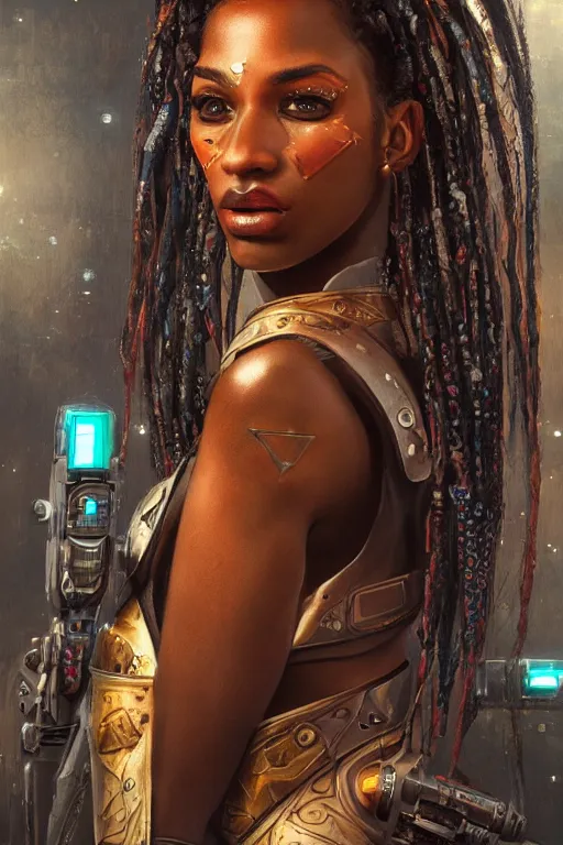 Image similar to portrait of a beautiful young Black woman, cyberpunk, Warhammer, highly detailed, artstation, illustration, art by Gustav Klimt