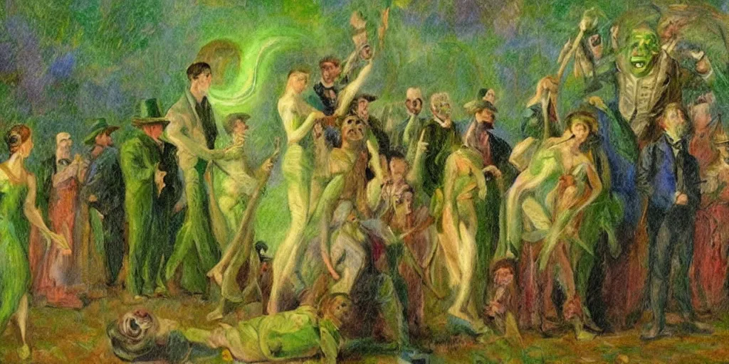 Image similar to tall terrifying green futuristic aliens sitting in a circle. in the victorian era. in the style of an impressionist painting.