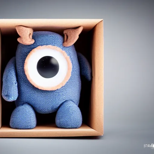 Image similar to cute monster in a box, product photography, centered, studio lightning