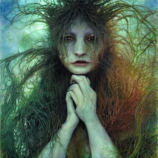 Image similar to rusalka of the blighted swamp, by brian froud, cold colors, oil on canvas