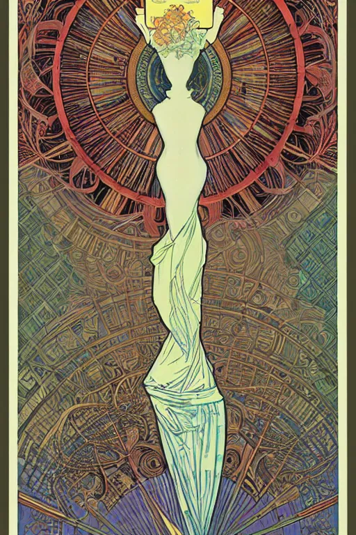 Prompt: technological deity by greg rutowski , victo ngai , alphonse mucha