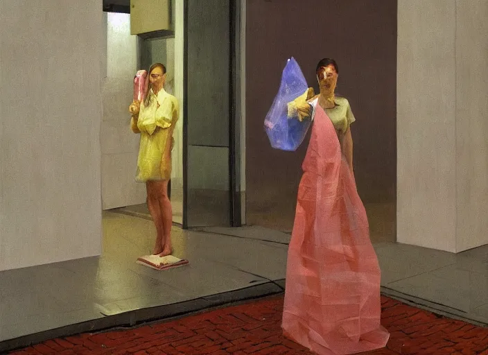 Prompt: woman in a translucent clothing made from plastic bag with paper bags for clothes standing inside paper bags with paper bag over the head at store display on flooded night street Edward Hopper and James Gilleard, Zdzislaw Beksinski, highly detailed