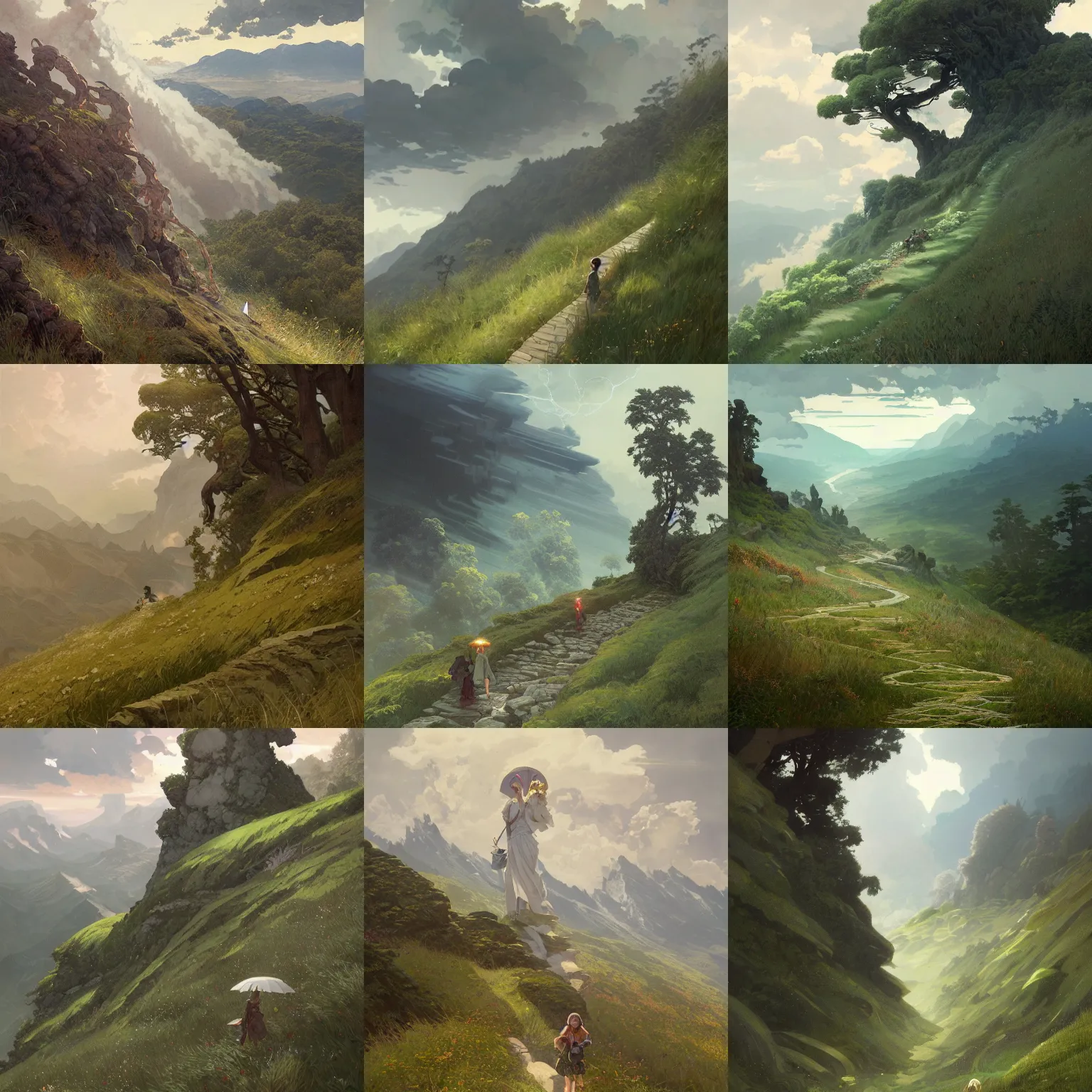 Prompt: a hyperdetailed path up a lush grassy hill, above a steep valley, distant rocky mountains, hyperdetailed storm clouds, heavy atmosphere, artstation, digital painting, by studio ghibli, greg rutkowski and magali villeneuve and alphonse mucha