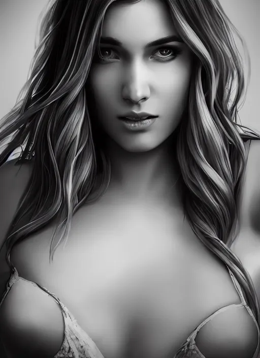 Image similar to full body portrait of a beautiful woman in black and white, photorealistic, hair down to waist, in the style of Kevin Kostic, art by diego fazio and diegoKoi and artgerm, hyper sharp focus, 8k highly detailed