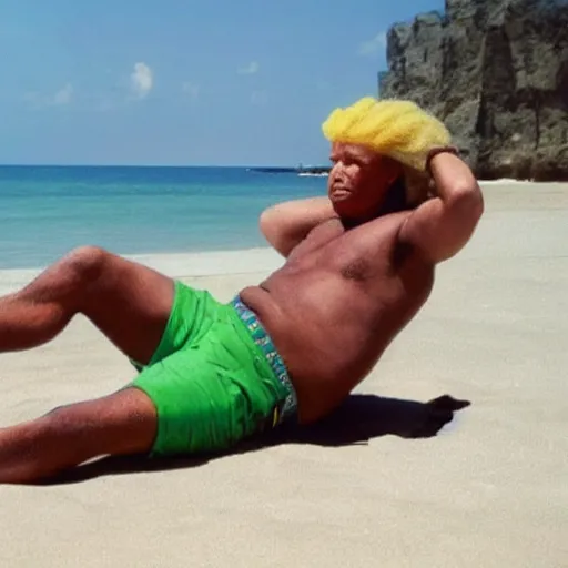 Prompt: rastafarian donald trump lounging on the beach.
