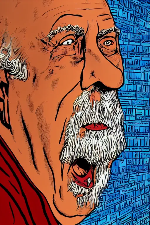 Image similar to an awesome jean giraud digital art masterpiece of robert anton wilson telling jokes at a local bookstore