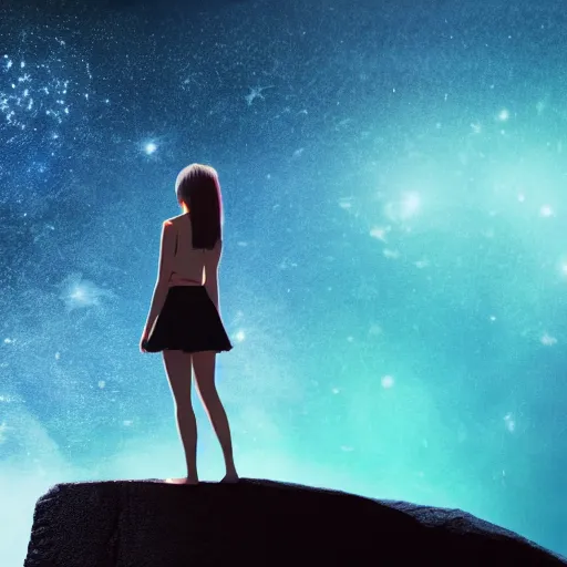 Image similar to a girl standing on the edge of a cliff, staring into a blue particle void, about to jump in it, 4k detailed