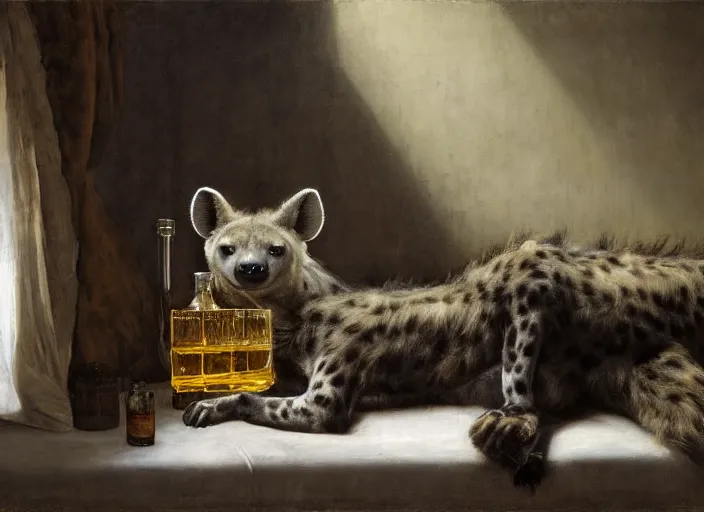 Image similar to an exhausted hyena girl in her studio with a bottle of whisky, fluffy, furry pelt, furry body. highly detailed painting by edgar maxence and caravaggio and michael whelan and delacroix style, artistic, intricate drawing, cinematic lighting, hyper realistic, extremely detailed, establishing shot, 8 k resolution, dramatic lighting