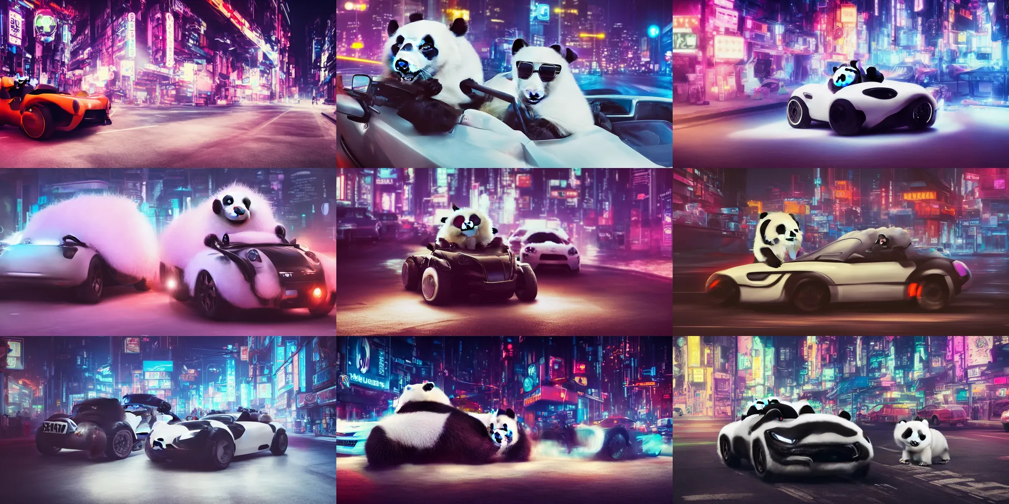 Prompt: a panda wearing sunglasses and driving a fluffy roadster covered with white fur in the street, Cyberpunk, neon light, 4k, hd, highly detailed