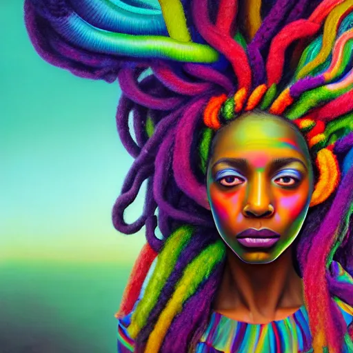 Image similar to a wide angle shot of a black girl with colorful dreadlocks in a field of candy, by Adi granov and afarin sajedi and amanda sage and evgeni gordiets and Agostino Arrivabene and adonna khare in a psychedelic portrait style, ultrarealistic matte painting, volumetric lighting, fractal, extremely symmetrical, highly detailed face, orisha, 8k, hd