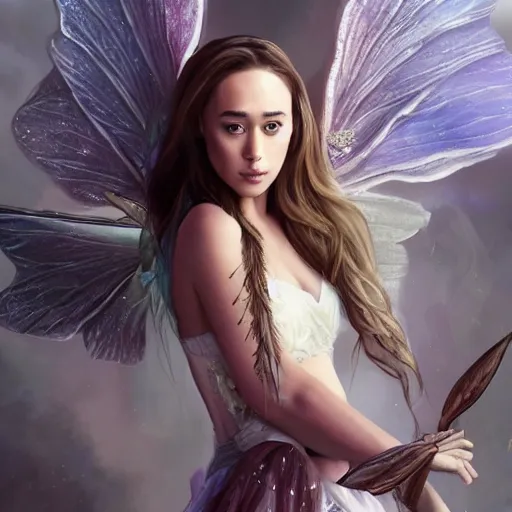 Prompt: Alycia Debnam-Carey as very very very beautiful fairy princess with fairy wings, bare midriff, one foot raised off the ground, full body portrait, eye contact, smiling, flirty, perfect face, perfect body, drawn by artgerm