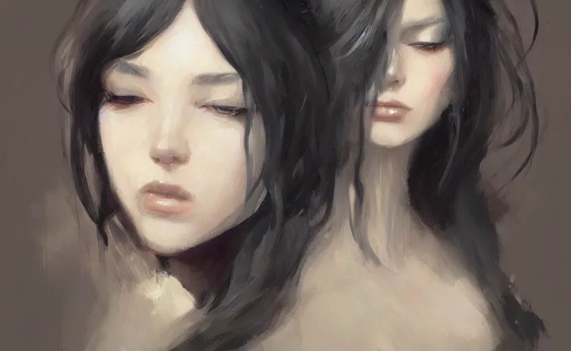 Image similar to a painting of aki trending on artstation in the style of greg rutkowski, beautiful, sensual, natural skin, horns on head, long black hair