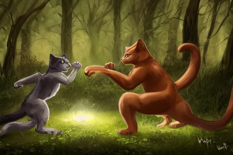 Prompt: two cats fighting in the dark forest, dramatic, backlighting, trending on artstation, digital art, trending on furaffinity, by wayne mcloughlin