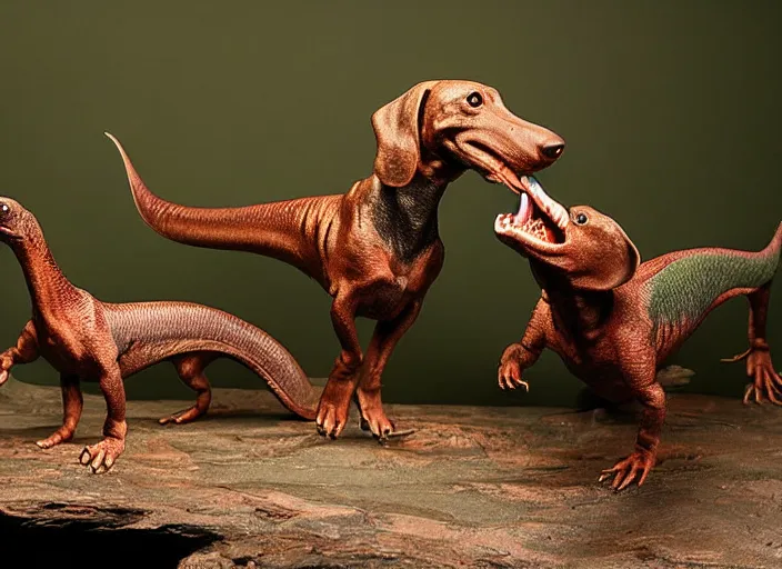 Image similar to Dachshund Tyrannosaurus Rex, natural history diorama by James Perry Wilson