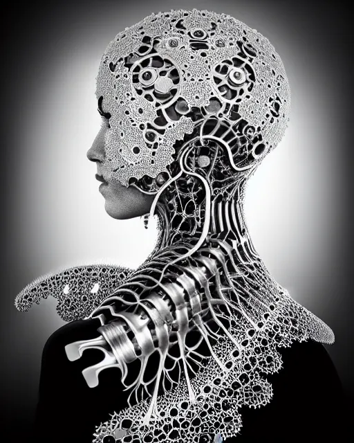 Image similar to surreal black and white photo portrait of complex biomechanical young female cyborg with a mandelbrot fractal metal lace face, silver hair, 150 mm lens, soft rim light, fine metal foliage super big lace collar, Alexander McQueen, high fashion, haute couture, rococo, steampunk, silver filigree details, anatomical, facial muscles, cable wires, microchip, elegant, hyper realistic, octane render, unreal engine, by Man Ray and Dora Maar, volumetric lighting, 8k,