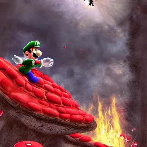 Image similar to Super Mario riding a flying black dragon roaring fire, high fantasy, hundreds of red and white spotted Mushrooms in background 4k, landscape, in the style of John Howe