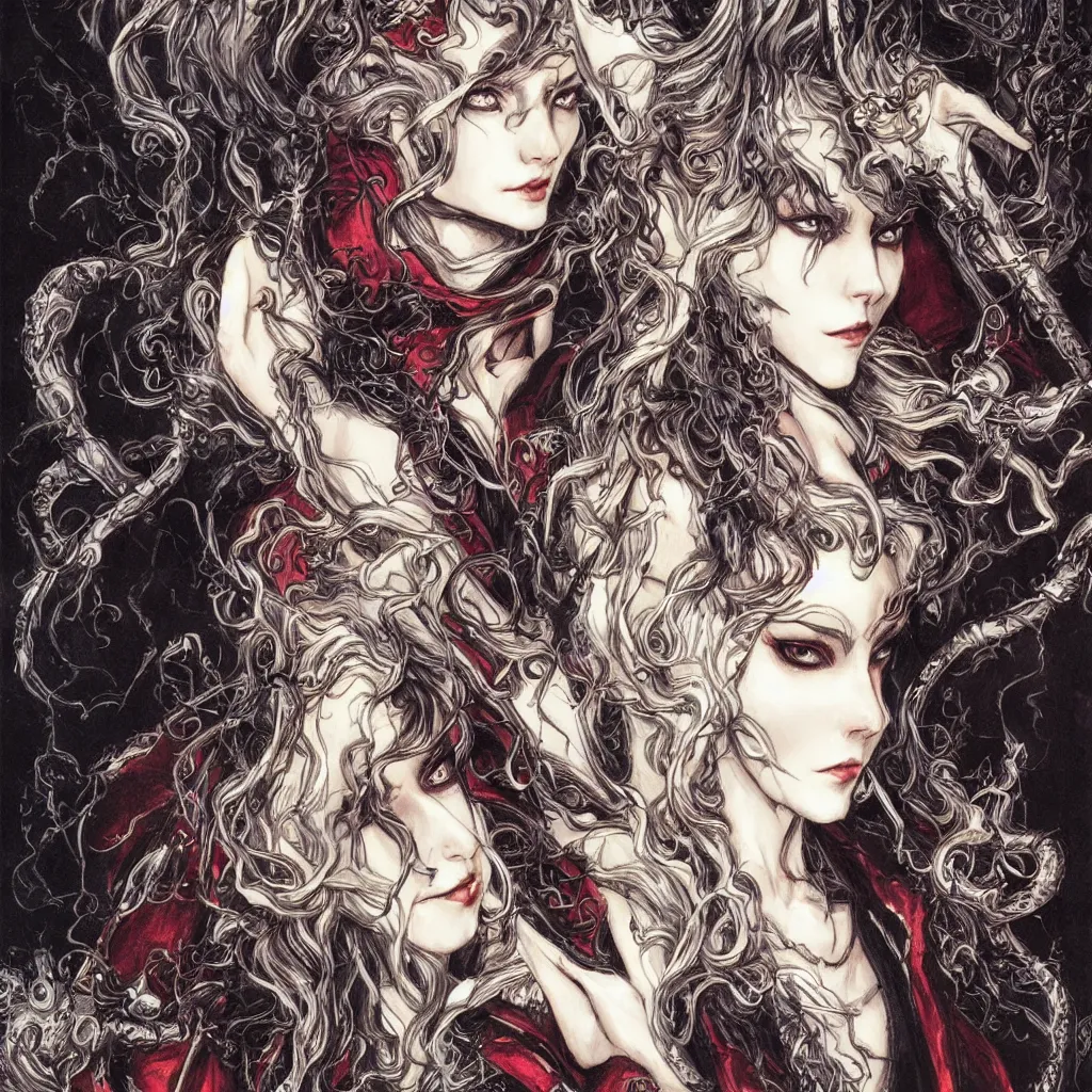 Prompt: elegant vampires, long hair, baroque, fancy clothing, striking beauty, extremely detailed, castlevania, concept art by ayami kojima