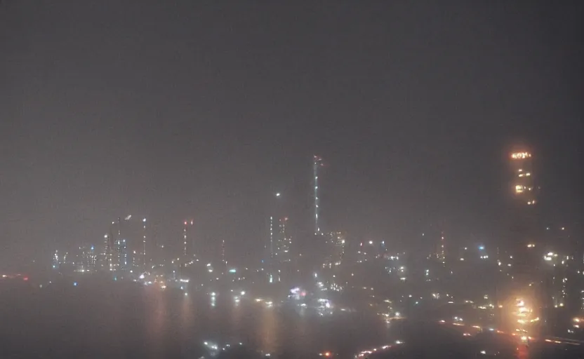 Prompt: 35mm atmospheric urban photographic landscape of Lima, Peru 20XX, Blade Runner 1982 city, futuristic dystopian megacity skyline with towering mega-skyscrapers, falling rain, neon, industrial fires and smog