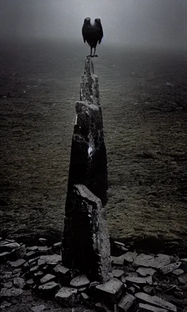 Image similar to raven standing on tombstone, midnight colors, photograph taken by giger and beksinski and death fog and decaying megacity