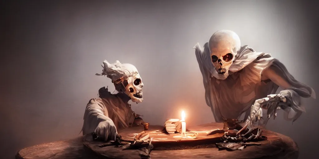Image similar to Death lighting a candle on the table, on the table a theater mask, flute and a film reel, Death is wearing white robe, vivid colors, dark shadows, contrast, concept art, sharp focus, digital art, Hyper-realistic, 4K, Unreal Engine, Artstation, Highly Detailed, Dramatic Lighting, Beautiful, by Frank Frazetta