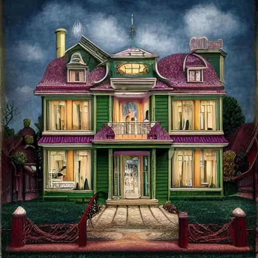 Image similar to a house with many rooms , lowbrow surrealistic, in the style of Mark Ryden,