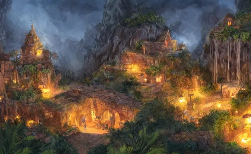 Image similar to medieval village built in a tropical cave, lit by torches, plants, waterfall, houses, towers, concept art, dawn