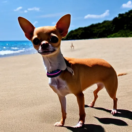 Prompt: photo of a tan chihuahua with his tongue sticking out at the beach