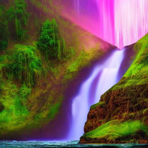 Prompt: A realistic photo of a natural landscape of a neon waterfall