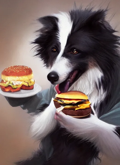 Image similar to wide shot painting of a male anthropomorphic border collie fursona eating a cheeseburger, beautiful, intricate, elegant, realistic proportions, highly detailed, scenic background, trending on artstation, art by charlie bowater and henry asencio and and ross tran